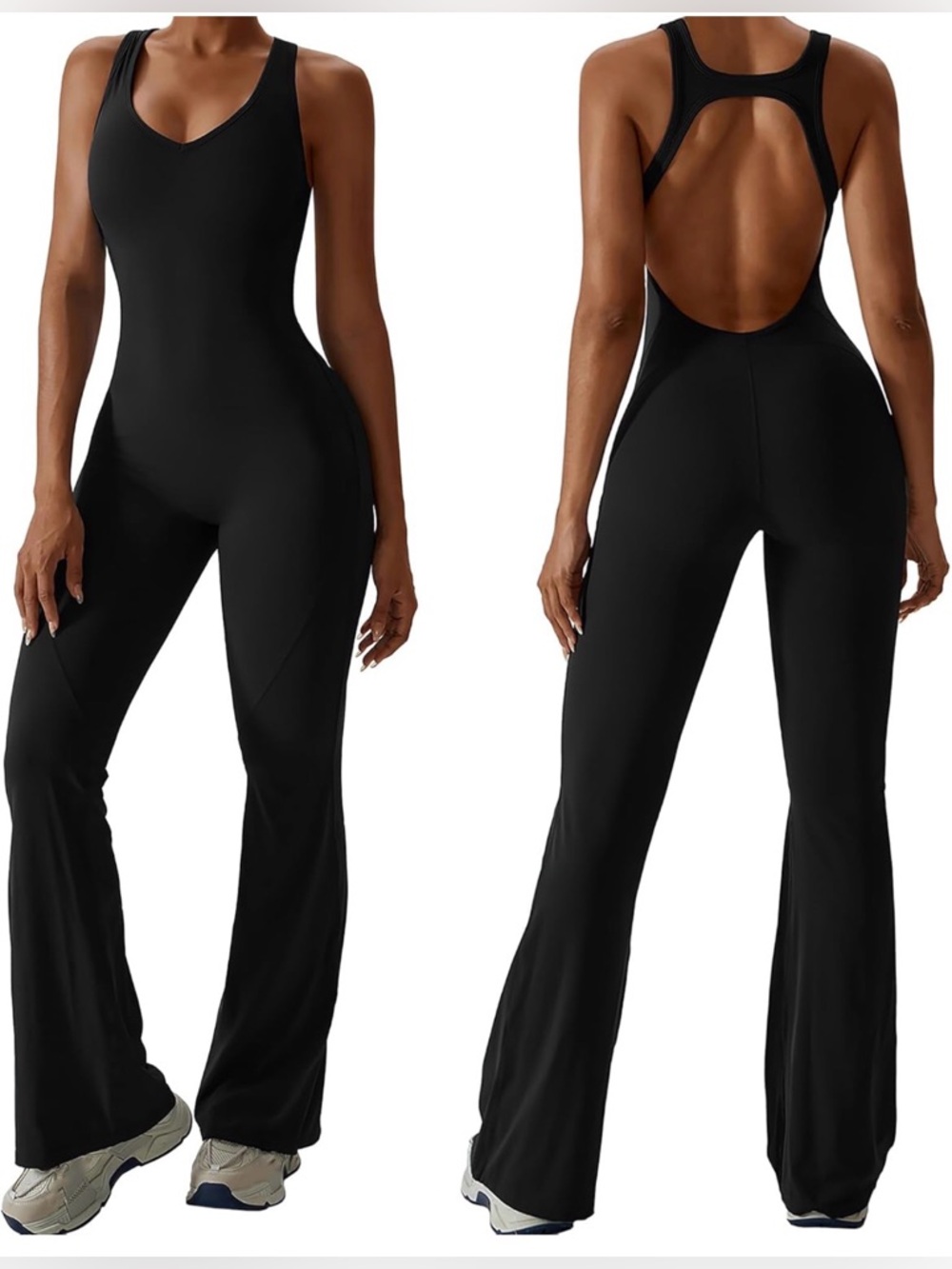 Black Sleeveless Scoop Neck Open-Back Flared Leg Tummy Control Jumpsuit XL  NWT